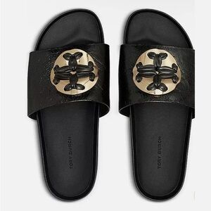 Tory Burch Woven Double T Platform Slide /Crinkle Leather/ Black/